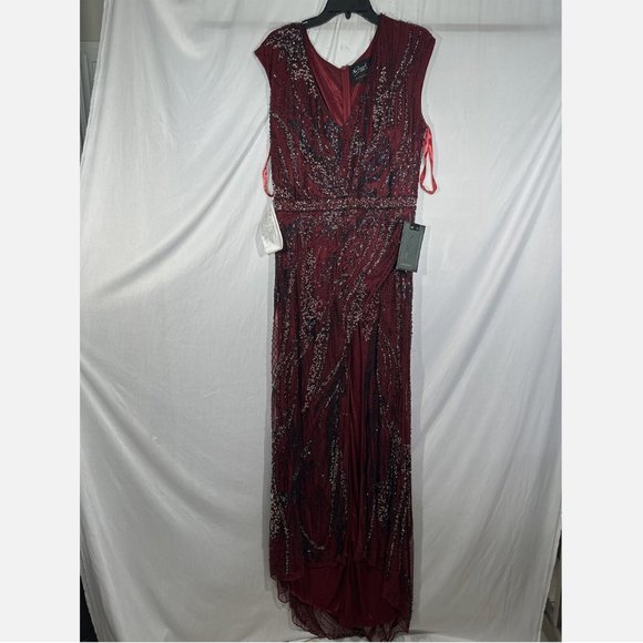 NWT $598 Mac Duggal [ 16 ]‎ Intricate Beaded V-Neck High Slit Gown Burgundy Red - Picture 3 of 15